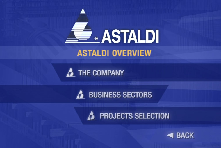 Astaldi: schermata del DVD multimediale con identità e navigazione del progetto.