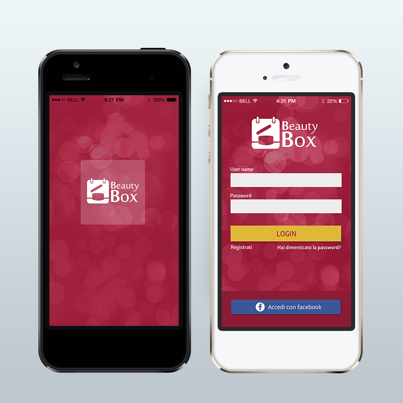 Beauty Box: schermate originali di avvio e accesso dell’app.