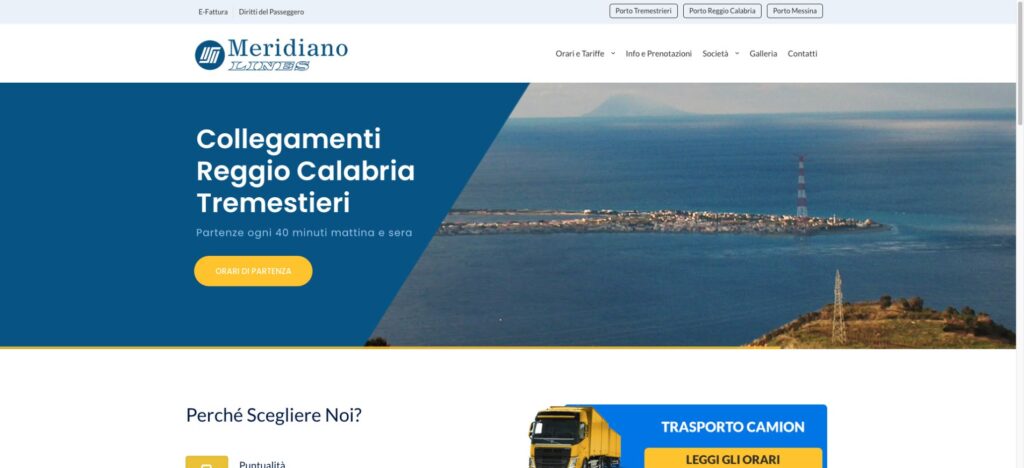 Meridiano Lines: design della homepage, con identità della compagnia e collegamenti nello Stretto.