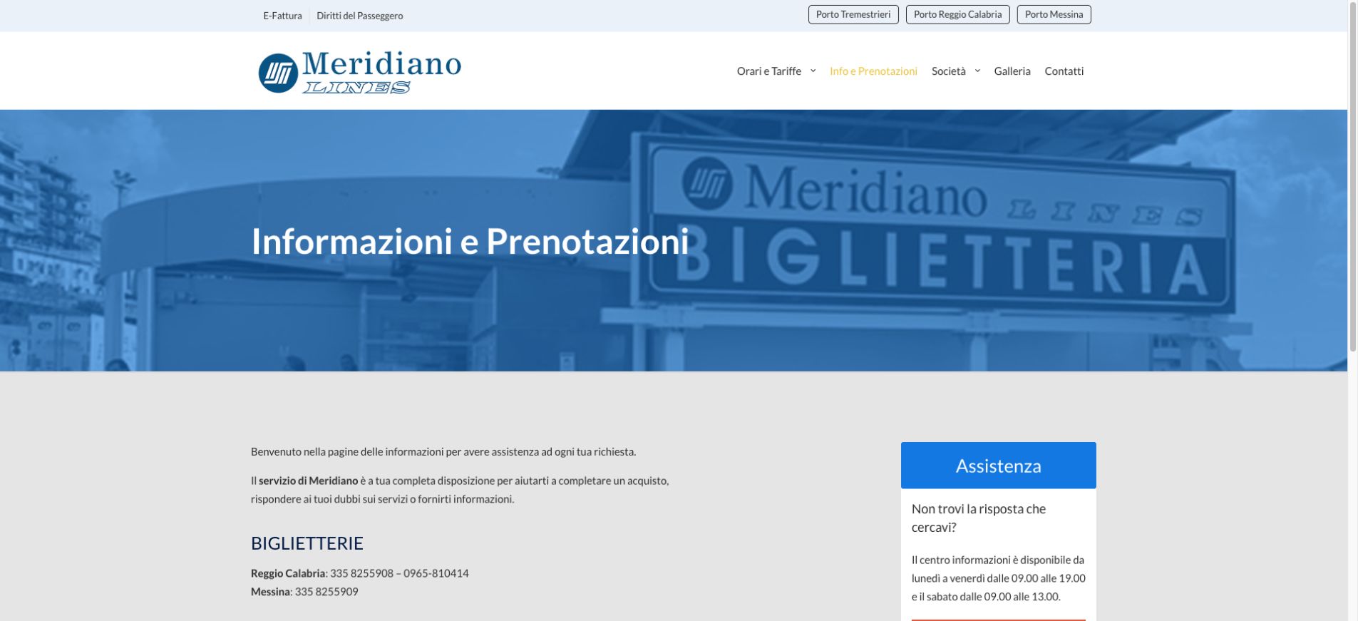 Meridiano Lines: pagina informazioni e prenotazioni, schermata reale.