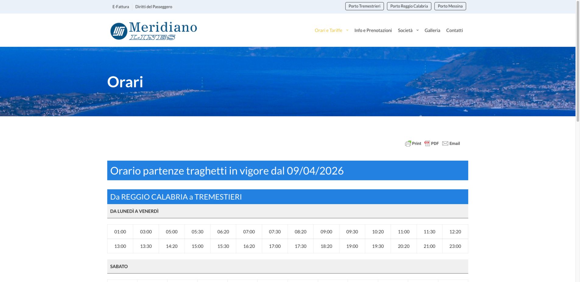 Meridiano Lines: pagina orari del sito reale, acquisita nell’ottobre 2026.