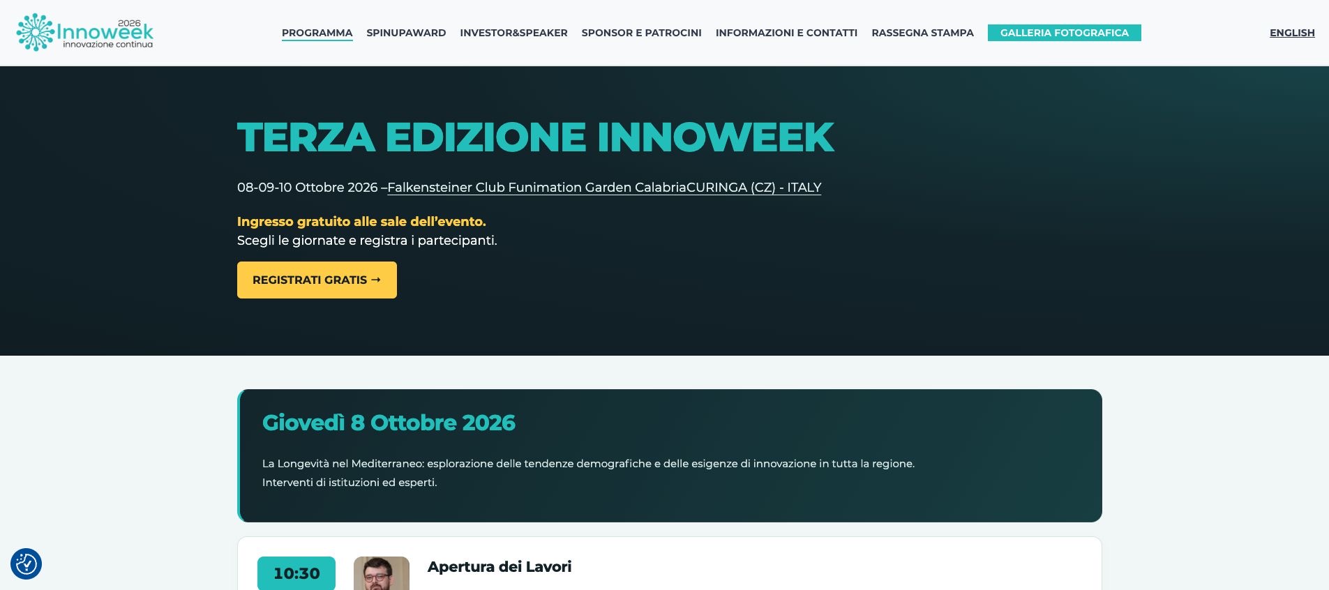 Schermata del programma INNOWEEK 2026, con sessioni e protagonisti dell’evento.