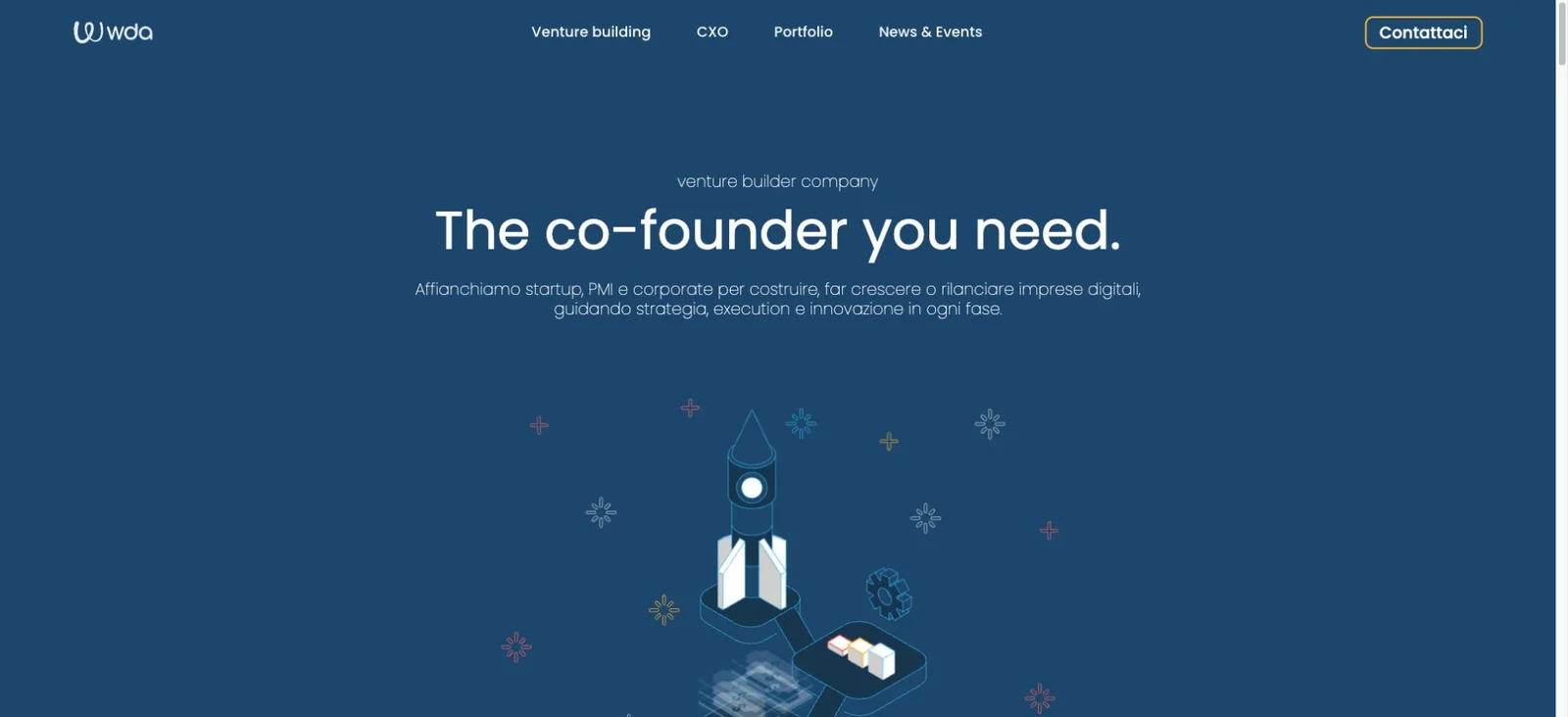 WDA Company: apertura del sito con tipografia e illustrazione, senza elementi del browser.